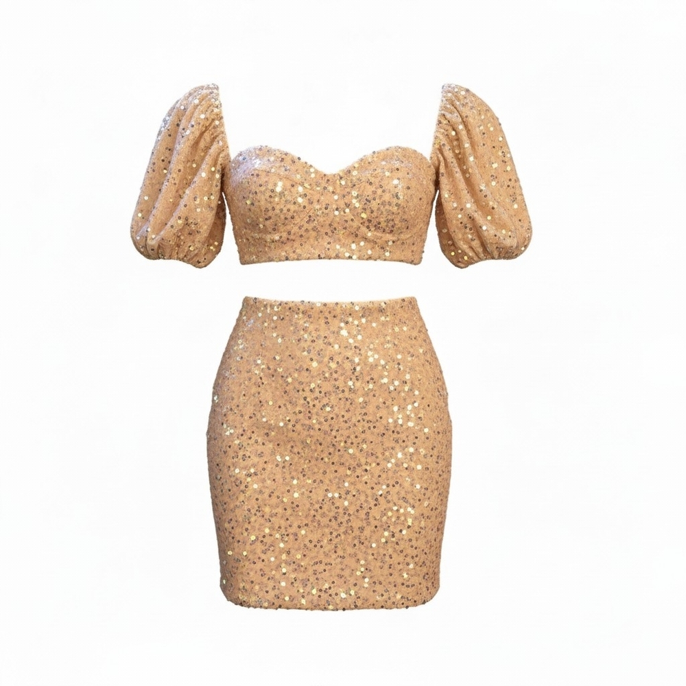 Sequin Puff-Sleeve Midi Dress in Dusty Pink. Size Xl.